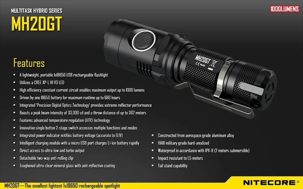 Nitecore MH20GT Flaslhight XP-L HI V3 светодиодный 1000 люмен USB Перезаряжаемый EDC фонарь с NL188 18650 3200 мАч обновление Nitecore MH20
