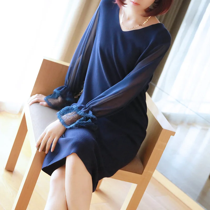 

Korean version of temperament mesh dress 2019 spring new women's fashion loose long section v-neck knit