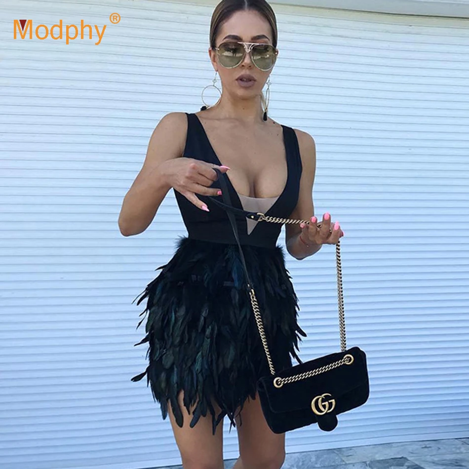 2019 осеннее женское Бандажное платье Vestidos черное перо Сексуальная без рукавов