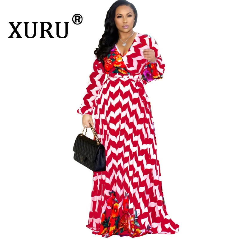 08A2209red XURU богемное длинное шифоновое платье женское летнее Новое пляжное платье с цифровой печатью XL S-3XL-5XL - Цвет: 08A2209red