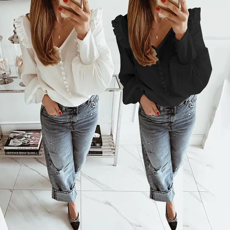 Autumn Women Shirts Blouses Celmia Sexy V Neck Long Sleeve Casual Solid Ruffled Tunic Top Button Plus Size Blusas Femininas