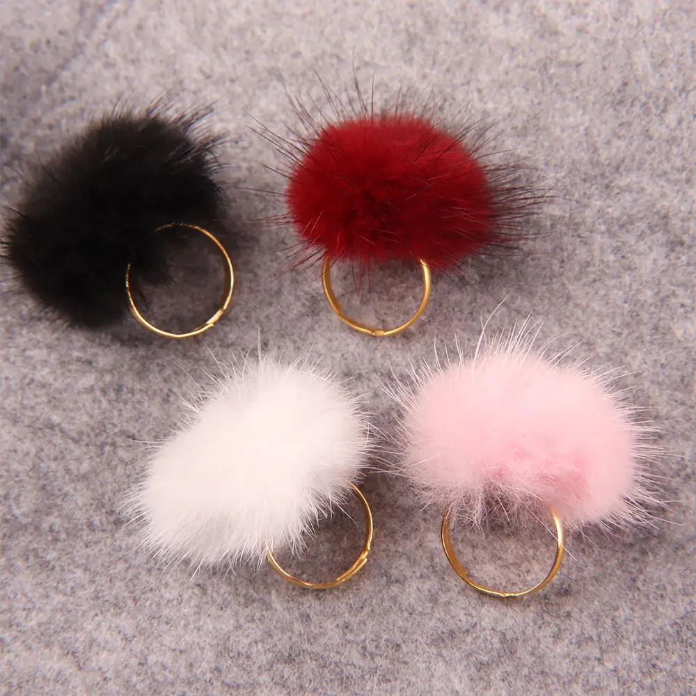 Новое поступление милые мягкие пушистые кольца с помпоном из меха регулируемые