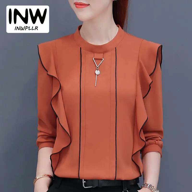New 2017 Autumn Women Tops Ruffled Long Sleeve Chiffon Blouse Mujer Fashion Ladies Shirts Pink Yellow Khaki Blue Blusa Feminino | Женская