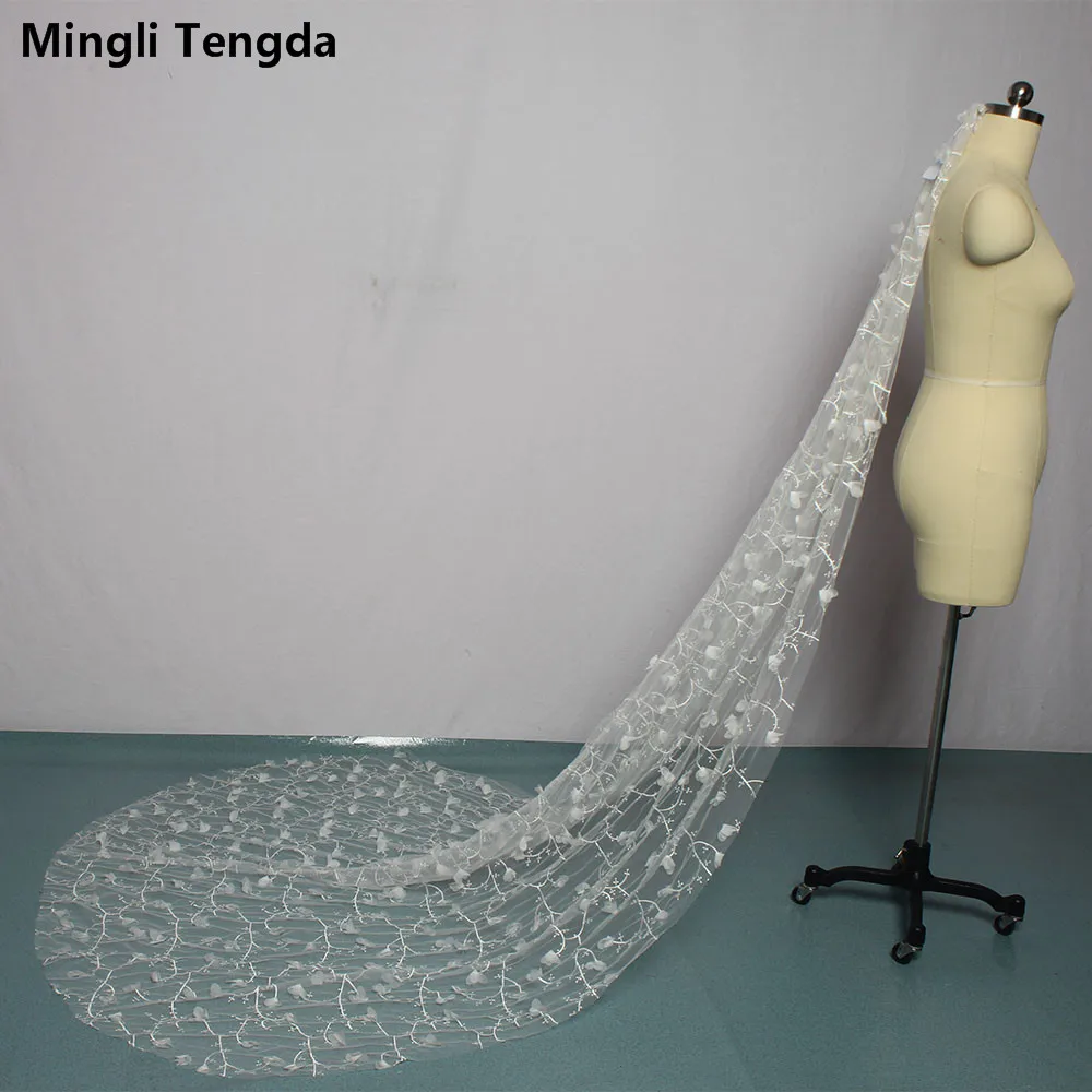 Mingli Tengda слоновая кость/синий свадебная фата, длинная кружевная Свадебная Фата с расческой Свадебные Элегантные женские собор свадебная фата с объемным цветком; свадебная фата