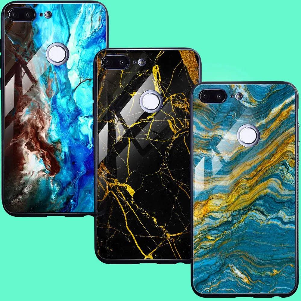 Marble Case For Huawei Honor 9 Lite Tempered Glass Phone P20 Enjoy 7S P Smart Cover |