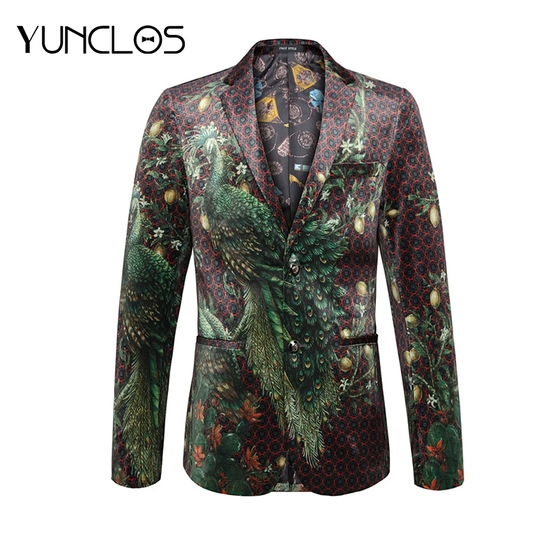 YUNCLOS 2019 модный мужской пиджак зеленый с принтом павлина Роскошный Блейзер