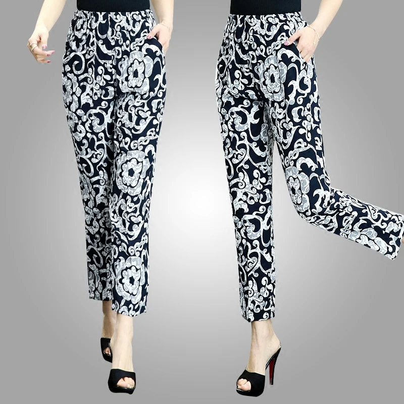 

Plus size 5XL Print Pants Women 2019 Summer High waist Casual Pants Middle aged Female Elastic waist Thin Cotton Silk Trousers