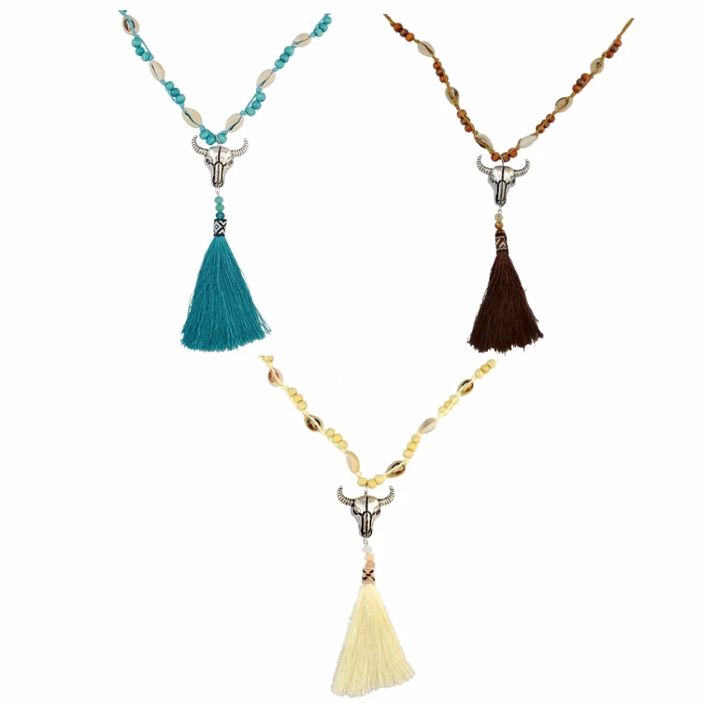Bohemian Handmade Rope Chain Wooden Beaded Shell Cattle Pendant Necklace Tassel Long Necklaces For Women Fashion Jewelry | Украшения и