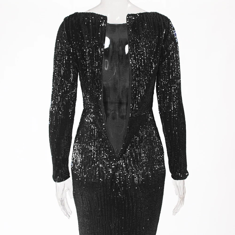 

O Neck Black Sequined Night Party Dress Floor Length Full Sleeved Stretchy Maxi Dress