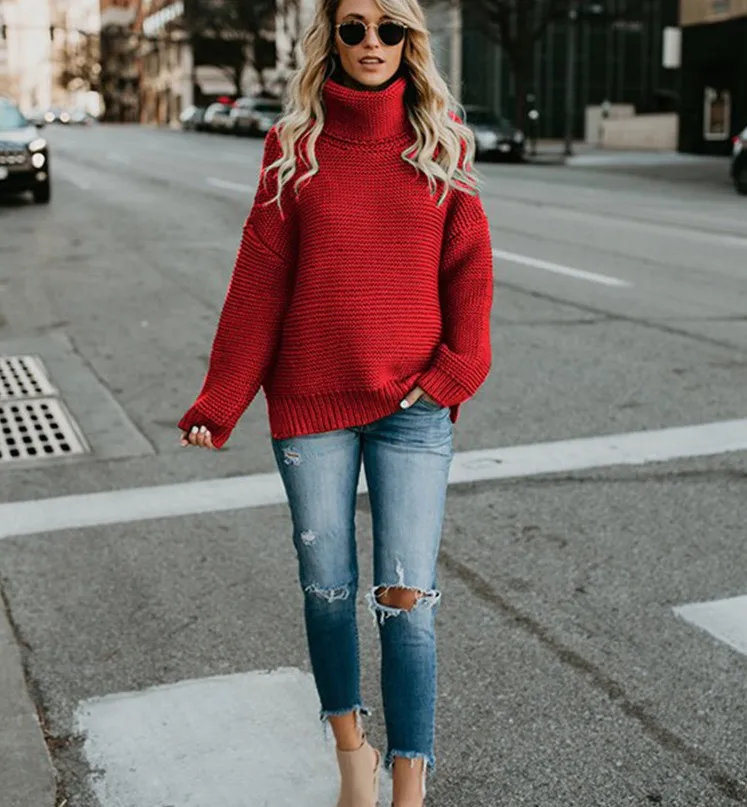 2018 Autumn Winter Women Sweater Solid Color Loose Turtleneck Pullovers Female Long Sleeve Casual Sweaters 6 Colour 5 Size | Женская