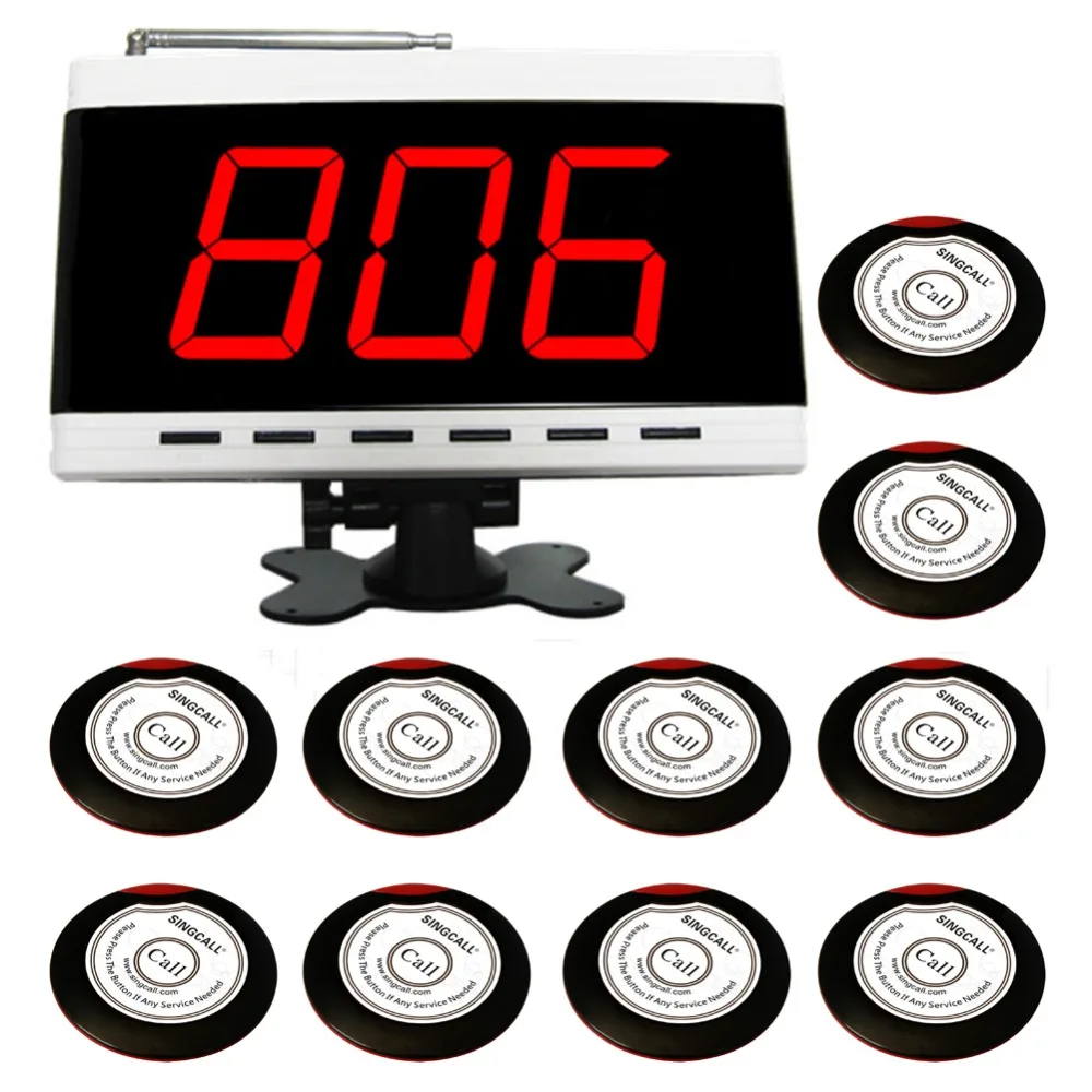 

SINGCALL Wireless Paging System, 10 Single Button Slim Table Bells APE700RW and 1pc White Display Receiver APE9500