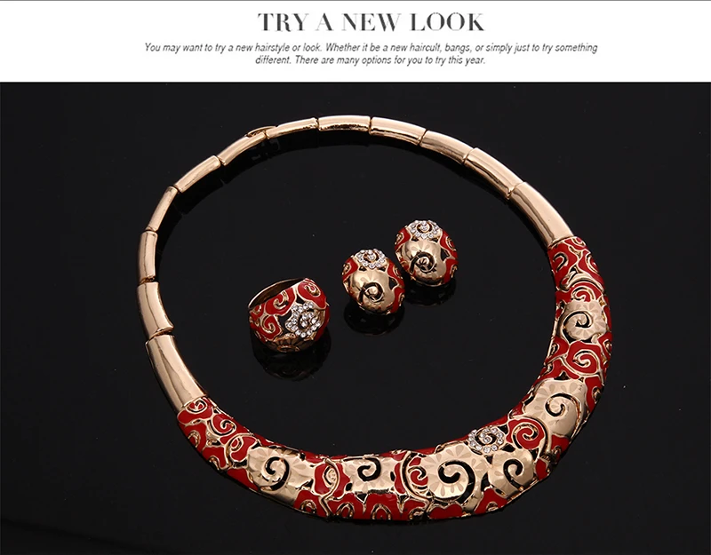 Necklace Bangle Stud Earrings Finger Ring Statement Jewelry Sets Luxury Vintage Gold color Rhinestone Red Flower Pattern Collar | Украшения