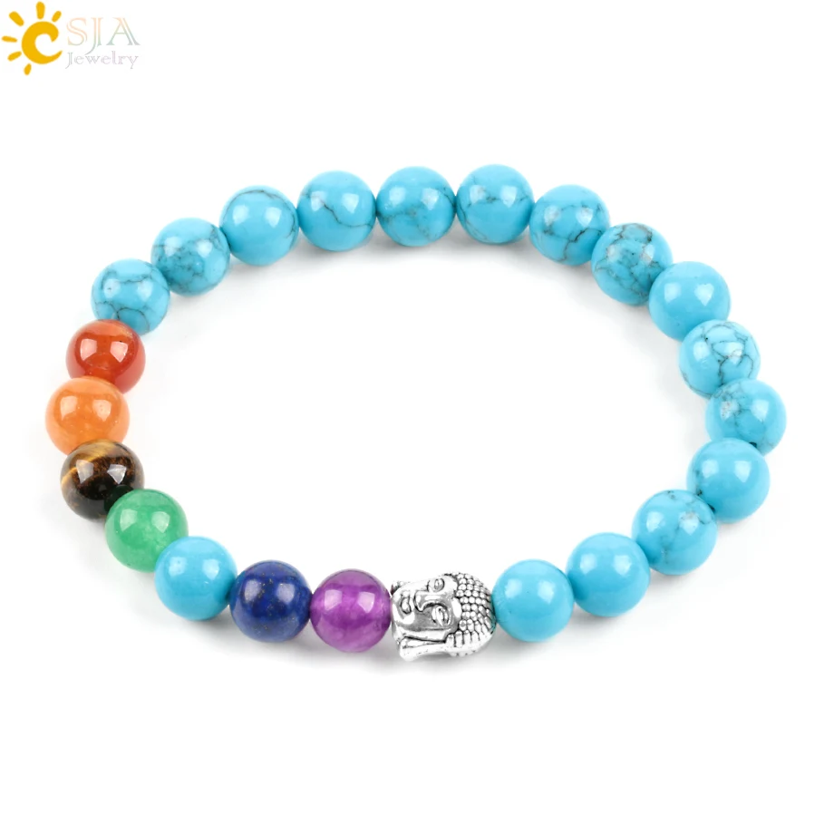 Csja 7 Браслет Чакра медитация 8 мм Синий Howlite Круглые радужные каменные бусины для женщин изящный браслет с прозрачным камнем браслеты оптом E331