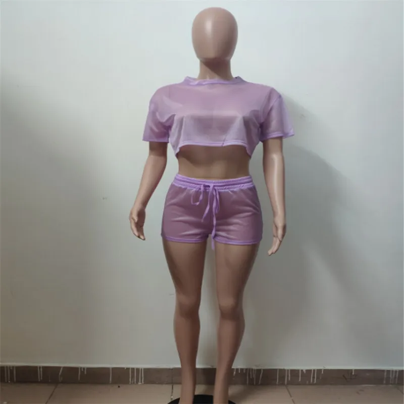 2 шт. Женский однотонный прозрачный сетчатый укороченный топ с коротким рукавом и