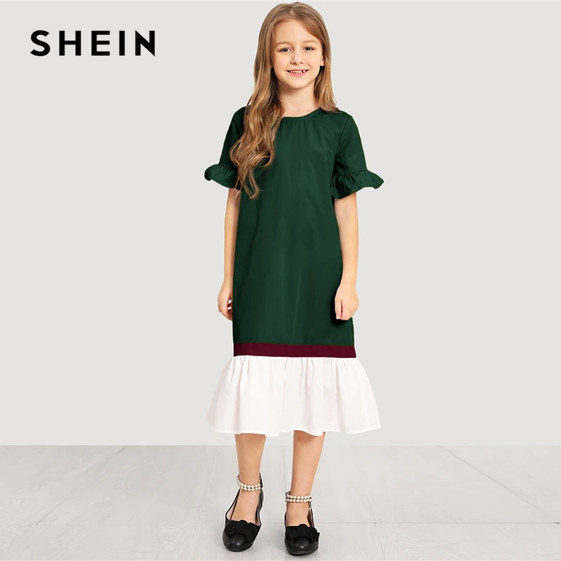 SHEIN детский вырез на спине, вставками и гофрированное, с пуговицами, туника, для девочки-подростка вечерние миди платье Лето Цельнокройное повседневные платья для девочек