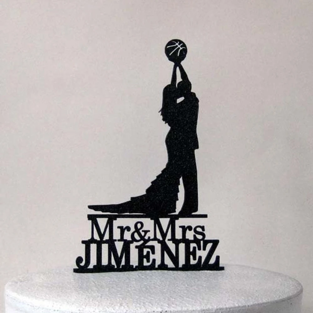 

Custom Personalized Mr & Mrs Last Name Wedding Cake Topper, rustic wedding Decor, bride and groom kissing with Basketball