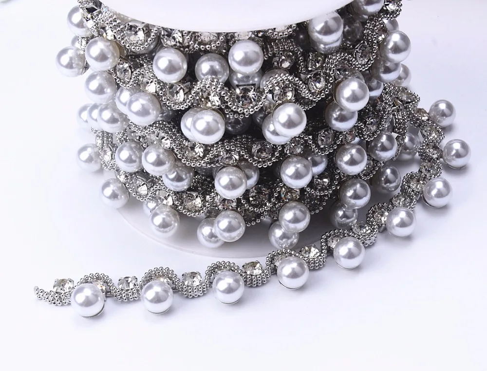 1 ярд Костюм с аппликацией вращающаяся Стразы белым жемчугом Серебряная отделка