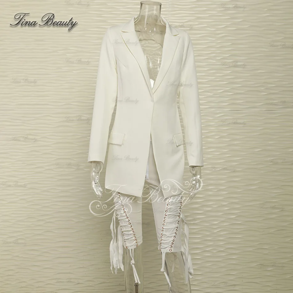 Premium white set Tina beauty Cardi B комплект из 2 предметов, штаны, блейзер с открытой спиной, длина до колена, с кисточками, v-образный вырез, сексуальный сетчатый, с длинным рукавом, на шнуровке, украшенный пряжкой - Цвет: Premium white set