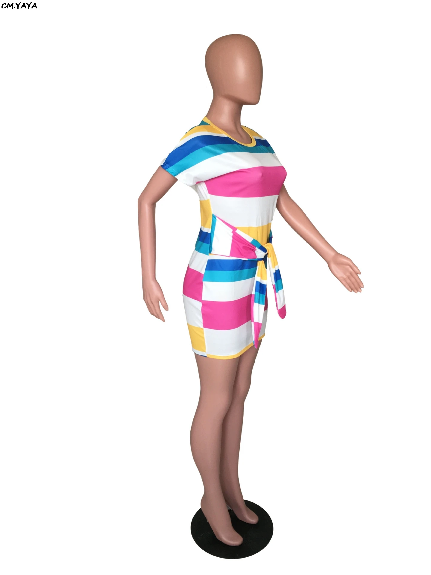 Женское мини платье с круглым вырезом и короткими рукавами полосками завязками