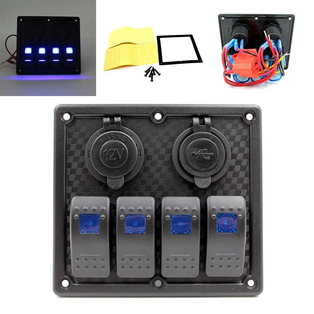 

4 Gang Marine Boat Rocker Switch Panel - 12V LED Lighted Switches, Fuse Breaker Protected Control Switches with 5V Dual 2.1A