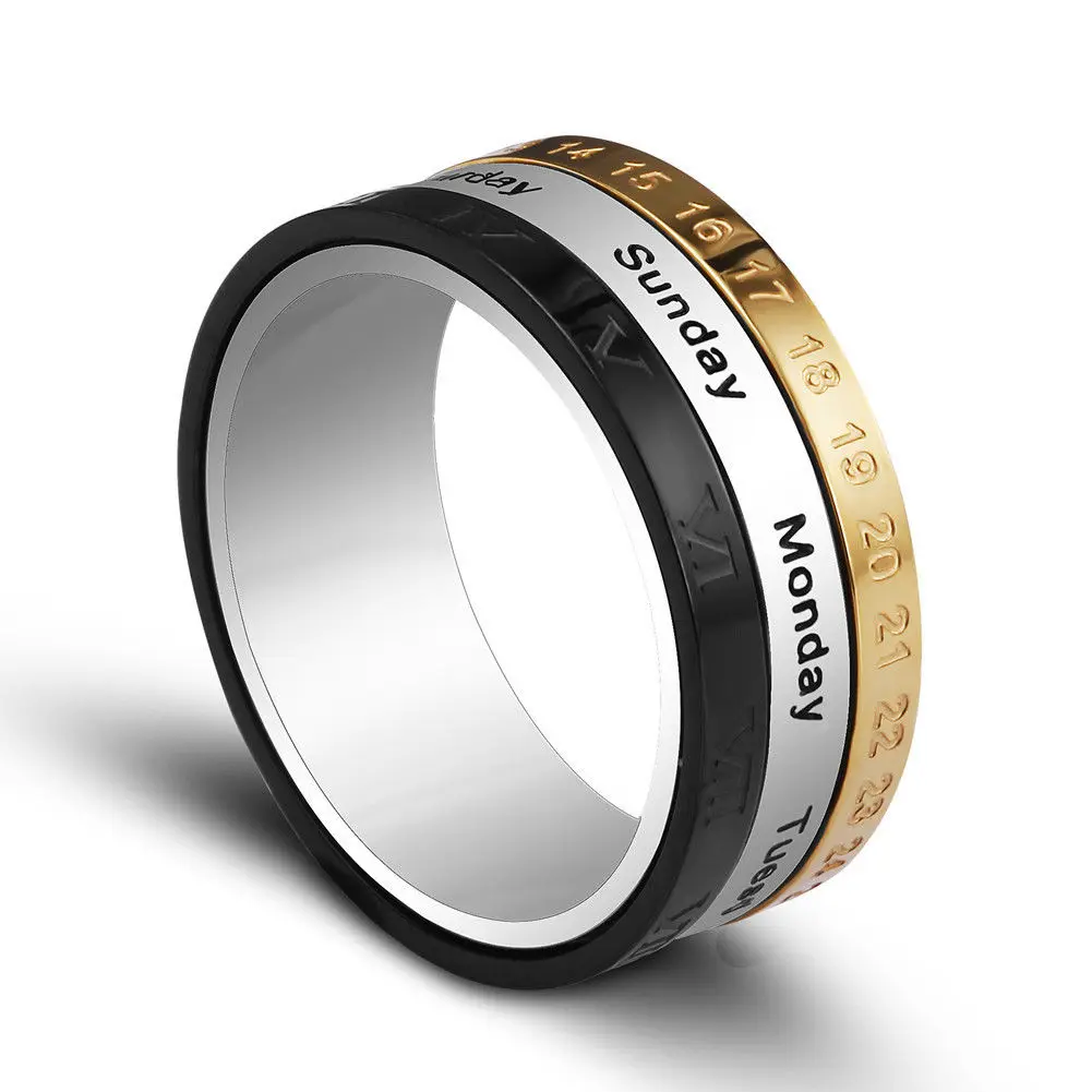 

150PCS Shipping by ARAMEX New Men Titanium Steel Spinning Week Date Rings Calendar Rings