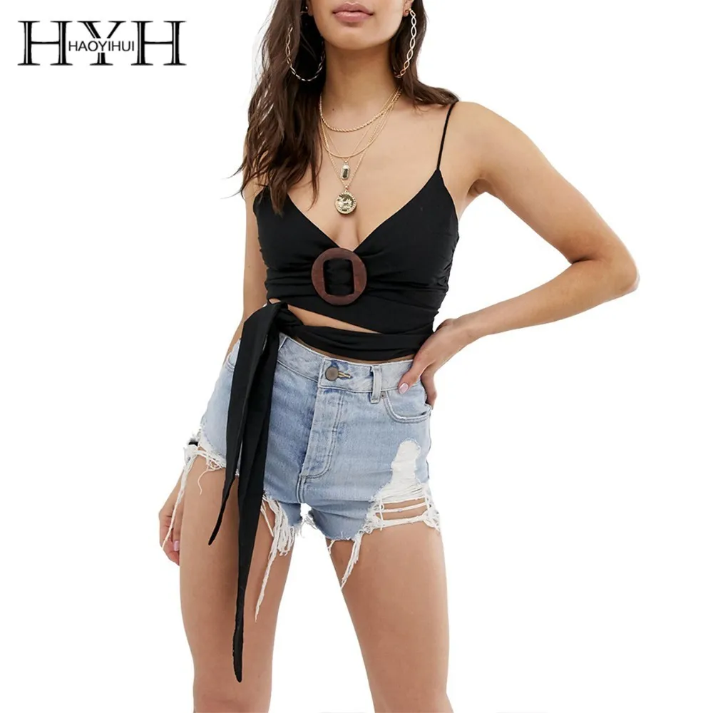 HYH Haoyihui Contracted Sexy Spaghetti Straps Femme Summer Stylish Slim Shoulder Strap V Tie Waistband Short Waistcoat | Женская одежда