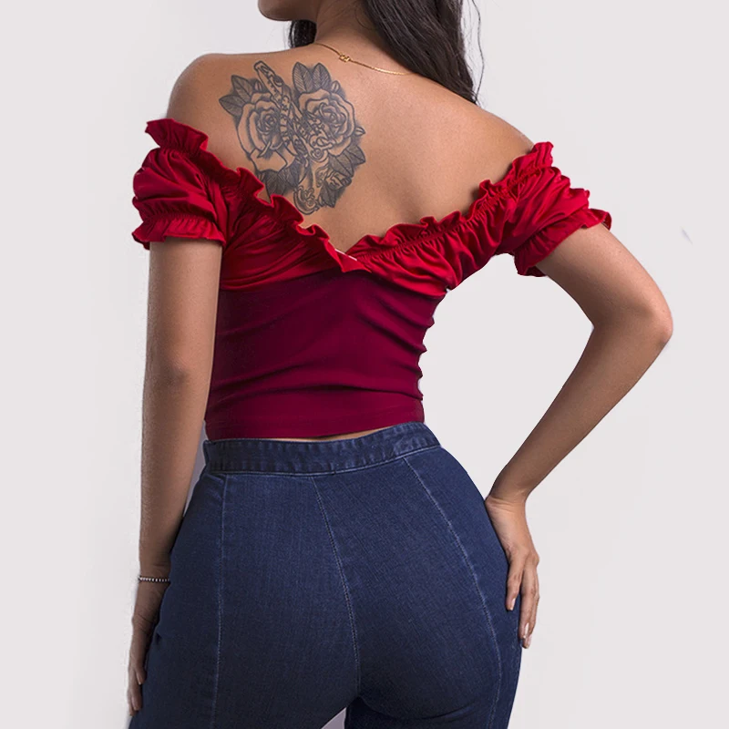 Summer Slim elegant shirt women 2019 short-sleeved Puff Sleeve V-neck umbilical blouse Womens female top |