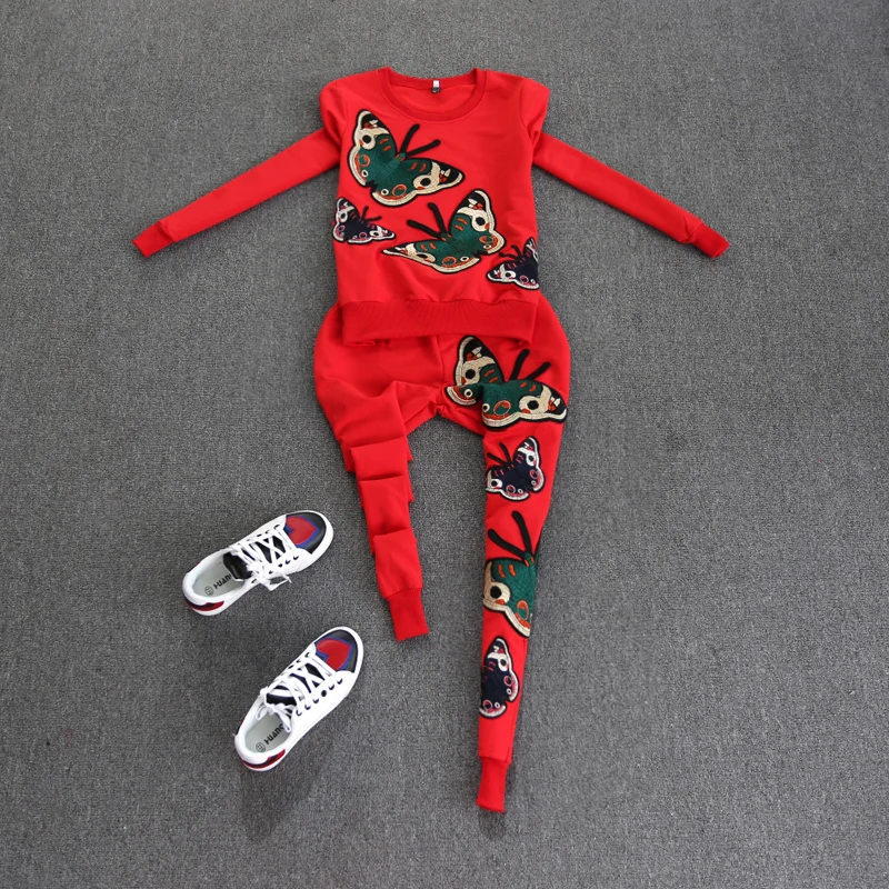 lady butterfly pant suit spring casual 2 piece set women's embroidery shirt top+pants | Женская одежда