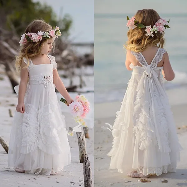 

Modern Flower Girl Dresses for Wedding White Dusty Pink Little Girl Boho Kids First Communion Dress Pageant Gown 3D Floral