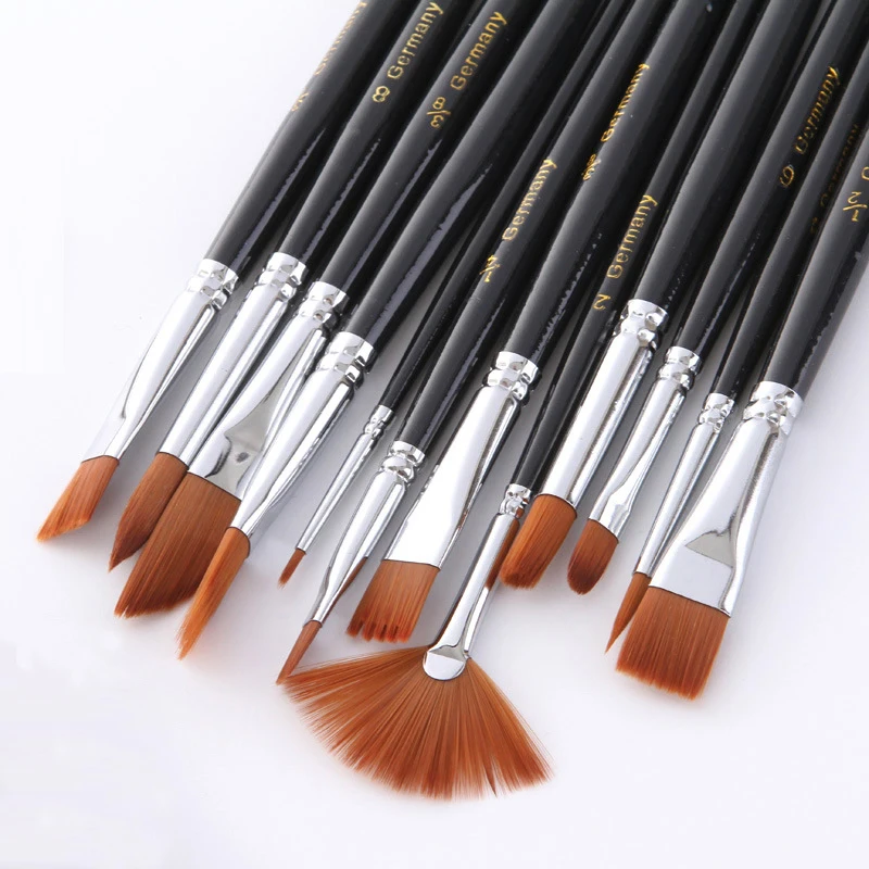 

12 Pcs Professional Paints Brushes Set Nylon Hair Brush Wooden Navy Blue Round Pointed Paint Bristle for Watercolor Oil Painting