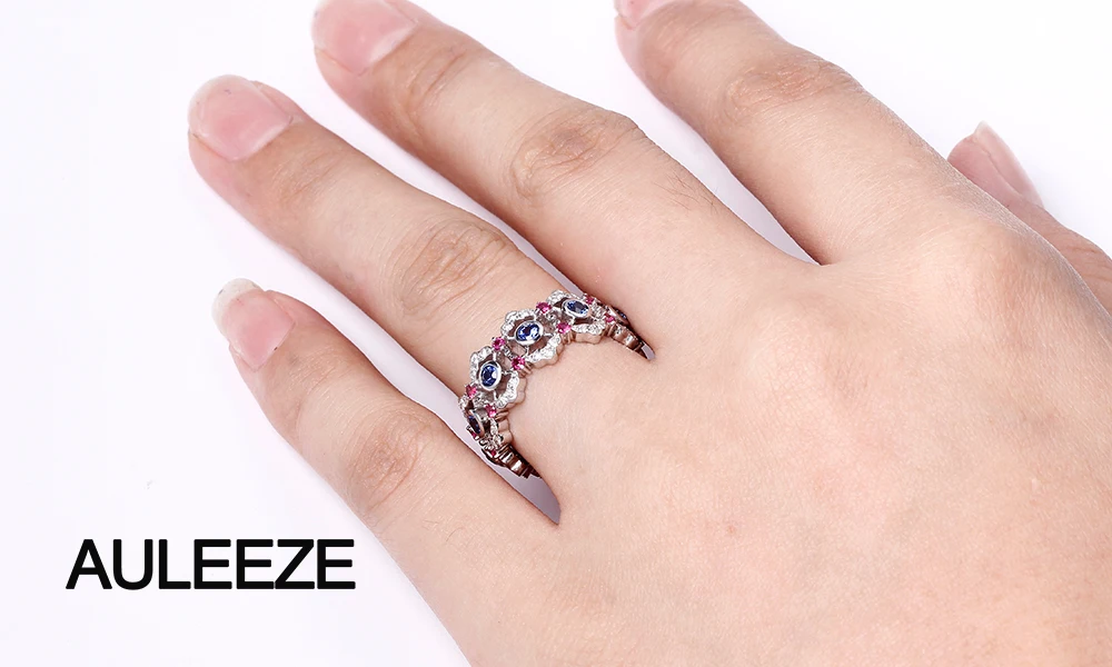 AULEEZE винтажный 0,8 cttw натуральный сапфир Weedding Band 18 к белое золото настоящий бриллиантовый, рубиновый кольца для женщин драгоценный камень ювелирные изделия