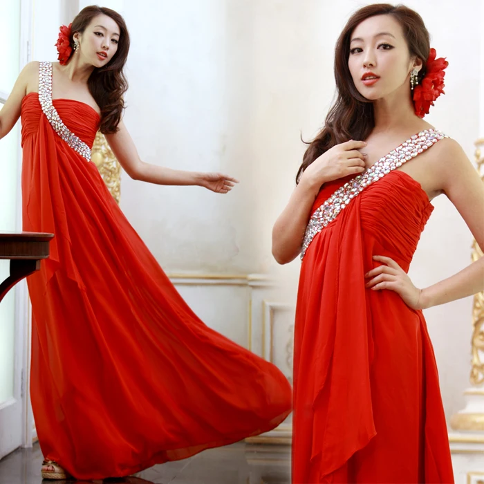 

2017 new arrival stock maternity plus size bridal gown pregnant evening dress red chiffon sexy one shoulder bling empire 10006