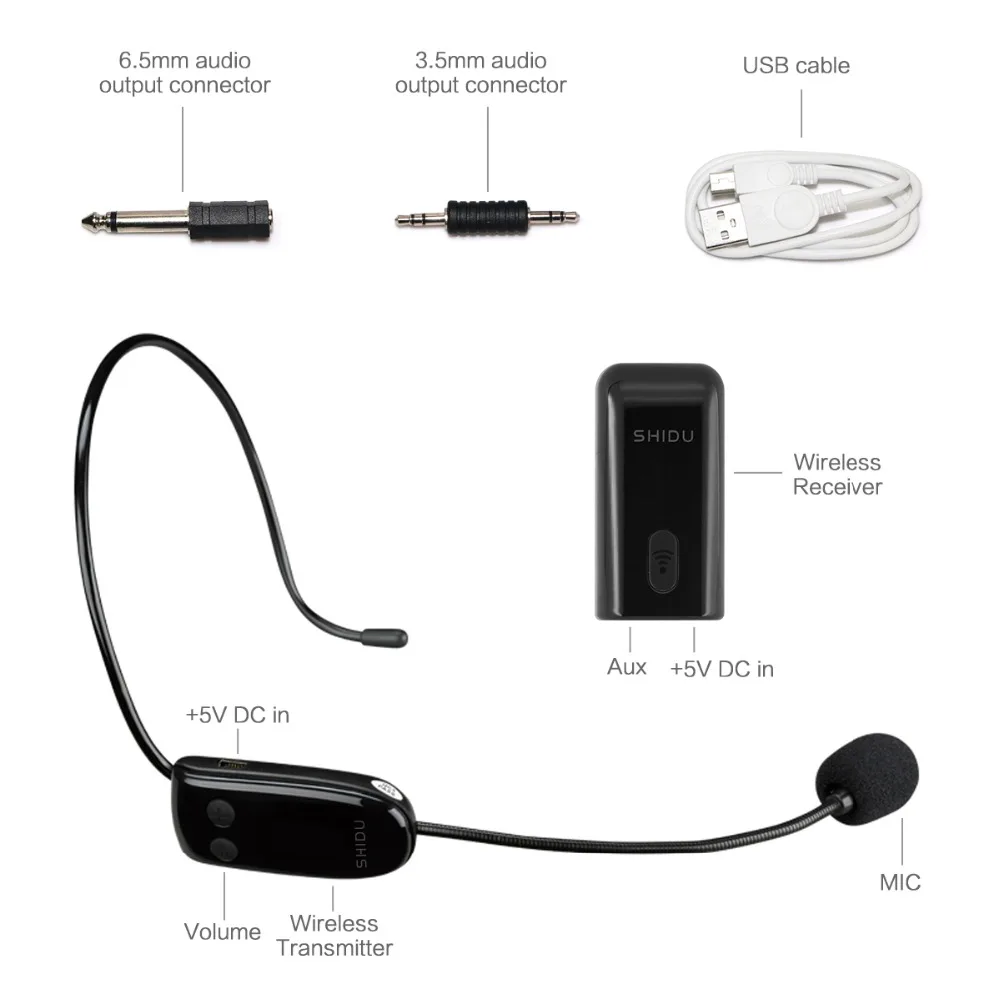 SHIDU U8 UHF Wireless Microphone Headset MIC Voice Amplifier 2 in 1 Handheld Portable for Speech Teacher 3.5mm Plug Receiver | Электроника