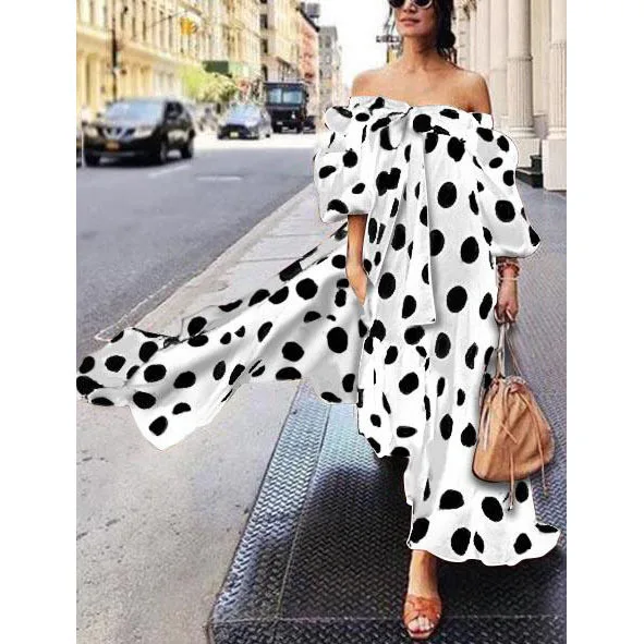 Женское богемное пляжное платье макси белое платье-трапеция в горошек с длинным