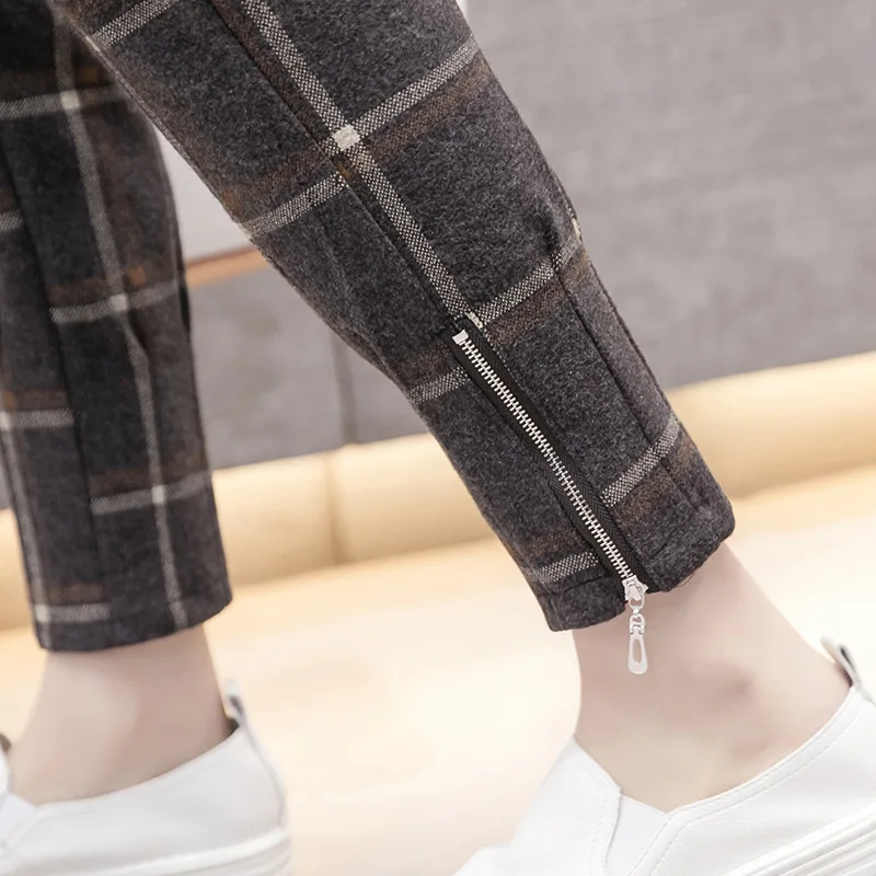 

Ankle-length Women Harem Pants High Elastic Waist Pocket Casual trousers Warm Woolen Autumn Winter Women Plaid Pants
