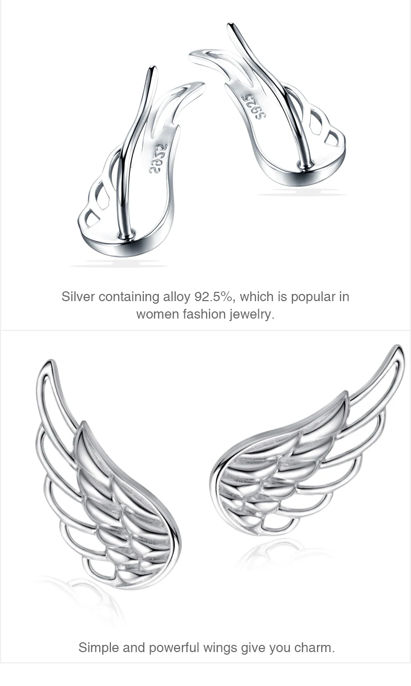 Strollgirl Genuine 925 Sterling Silver Earrings Hollow Feather Fairy Wings Stud Earrings for Women Fashion Jewelry gifts