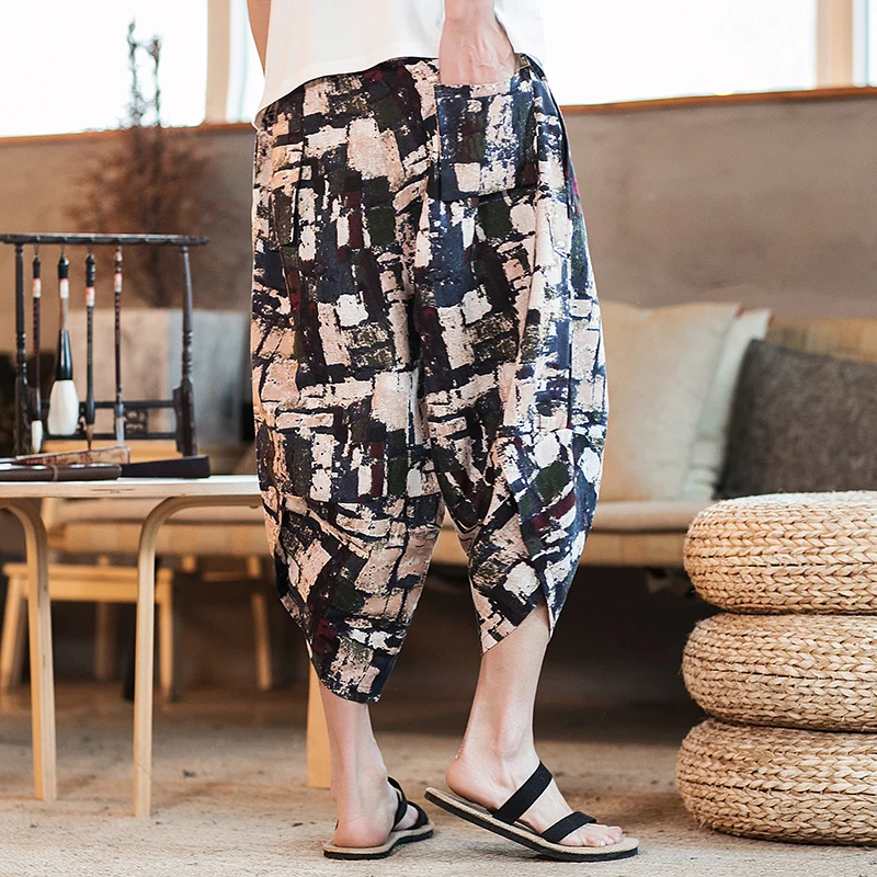 2021 New Chinese Style Mens Cotton Linen Pants Male Summer Casual Calf-Length Man Pattern Print Baggy Loose Trousers | Мужская одежда