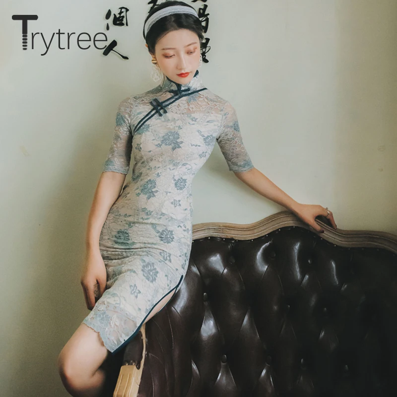 Летнее женское платье Trytree 2020 повседневные элегантные кружевные платья Ципао с