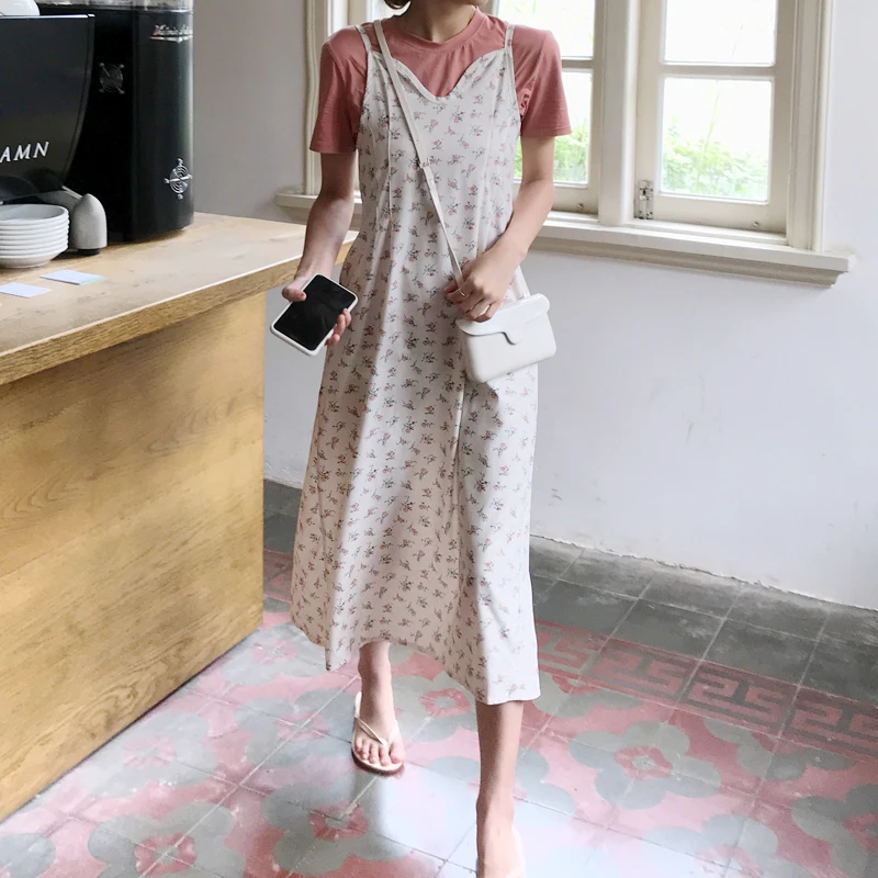 Summer long Dress 2019 korean style small floral print Women sleeveless vintage tank (C6334) | Женская одежда