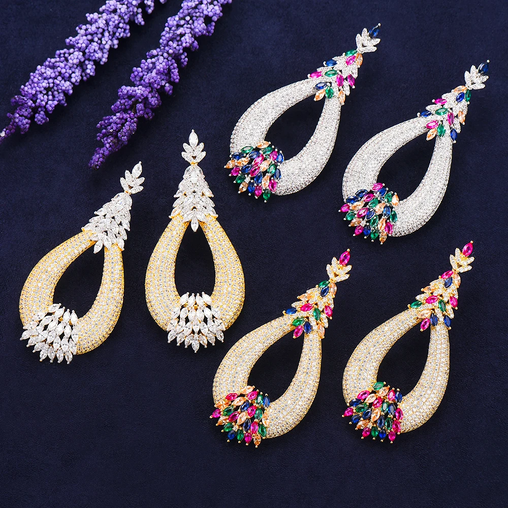 

2019 Luxury Spring Long Dangle Earrings For Women Fashion Wedding Wear Ear Cubic Zircon Crystal Dubai Bridal Earrings Jewelry