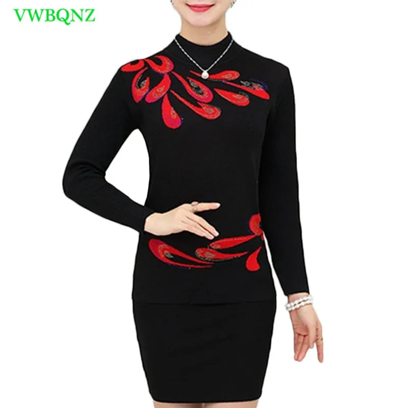 Autumn Winter Warm Pullovers Sweater Middle-Aged Women Flower Printed Wool Sweaters Female Noble Plus size Knitting shirt A681 | Женская