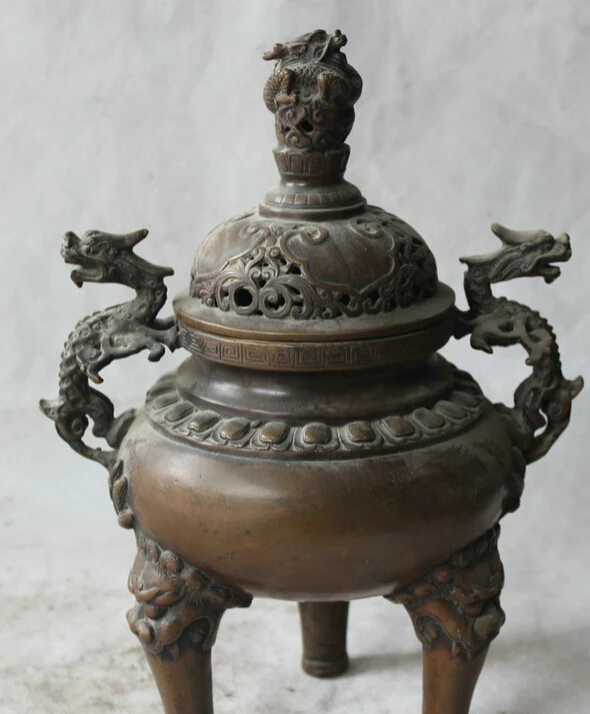 

song voge gem S2237 11 Marked Chinese Dynasty Bronze 3 Foot Lion Head Dragon Incense Burner Censer