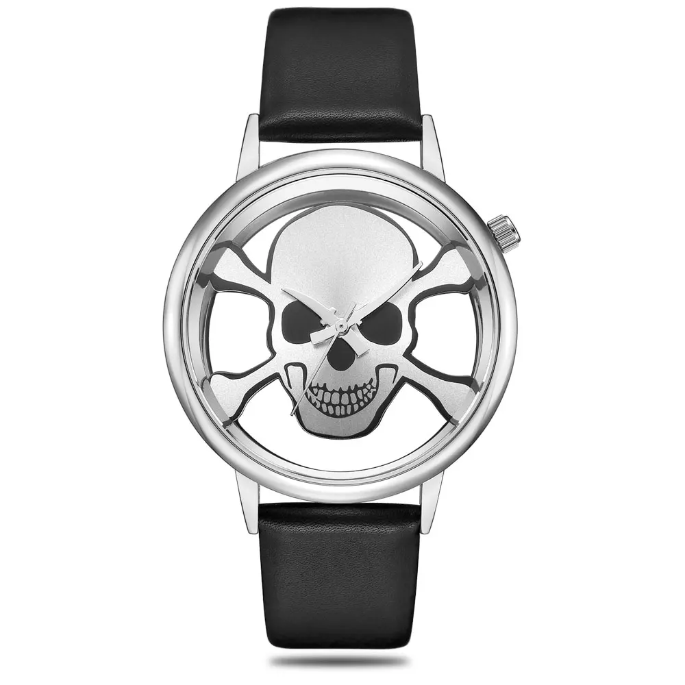 Black Silver GEEKTHINK полые панк череп дизайнерские модные кварцевые часы для женщин дамы Лидирующий бренд повседневное кожаный ремешок часы для девочек серебро - Цвет: Black Silver