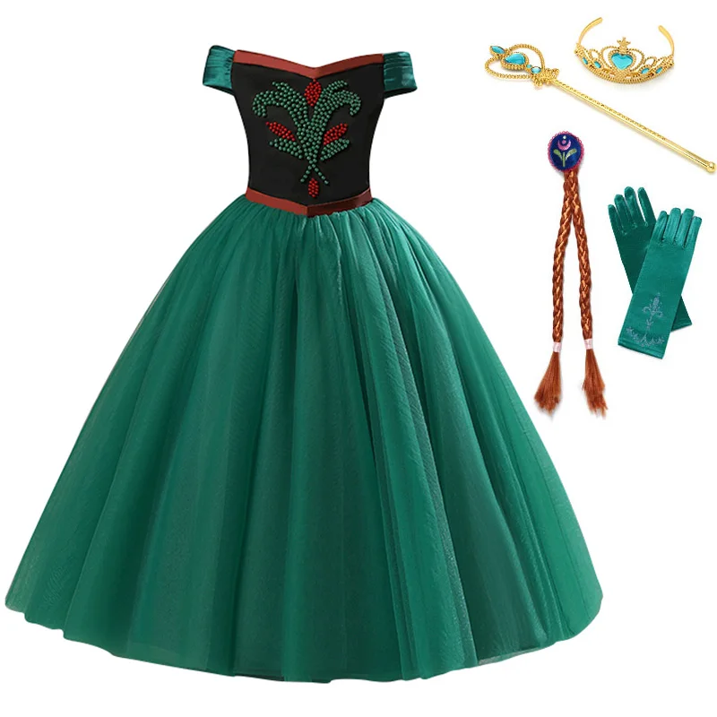 Long Dress Set2 Платье принцессы Анны для девочек; детский маскарадный костюм Анны и Эльзы без рукавов с бисером; нарядное платье на Хэллоуин и День рождения; одежда - Цвет: Long Dress Set2