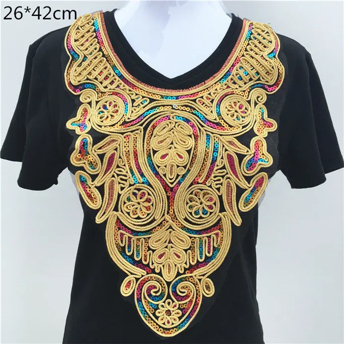 GoldNeckline0043 1 шт. золотая вышивка в этническом стиле воротник Венеция с блестками Цветочная вышивка аппликация кружевной вырез воротник аксессуары для одежды - Цвет: GoldNeckline0043
