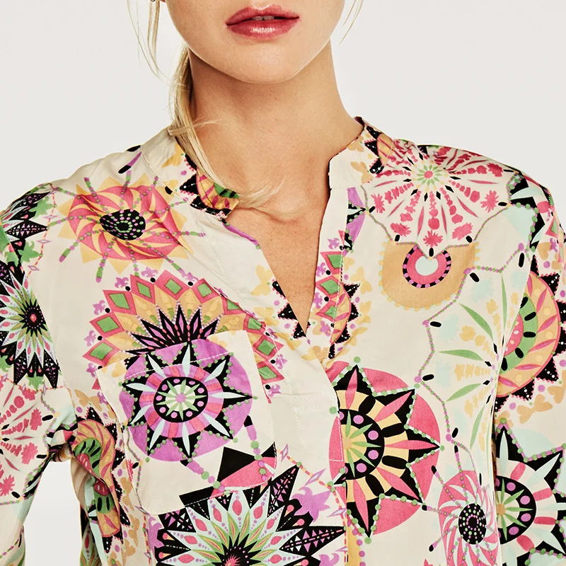 Мода 2018 блузка рубашка Для женщин осенние весенние цветы Блузки Топы vintage Высокий