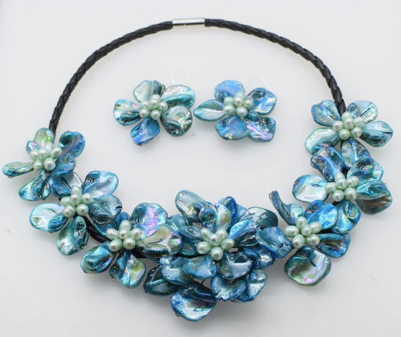 

freshwater pearl blue shell baroque flower necklace earrings 18inch FPPJ wholesale beads nature