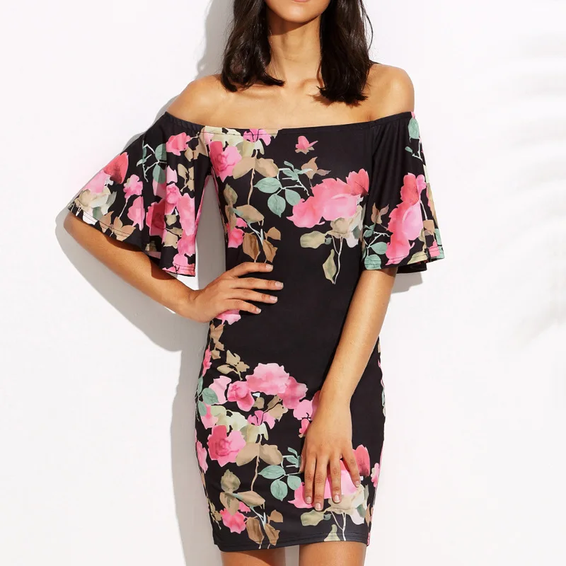 Летние Тонкий Bodycon платье 2017 одежда женские Короткие Flare рукавом многоцветный