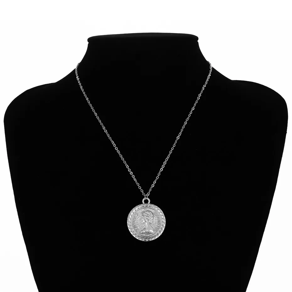Silver Ingemark, простое, винтажное, резное ожерелье с кулоном в виде монеты, крупное лицо, Богиня Девы Марии, розы, ангела, длинная цепочка, ожерелье для женщин - Окраска металла: Silver