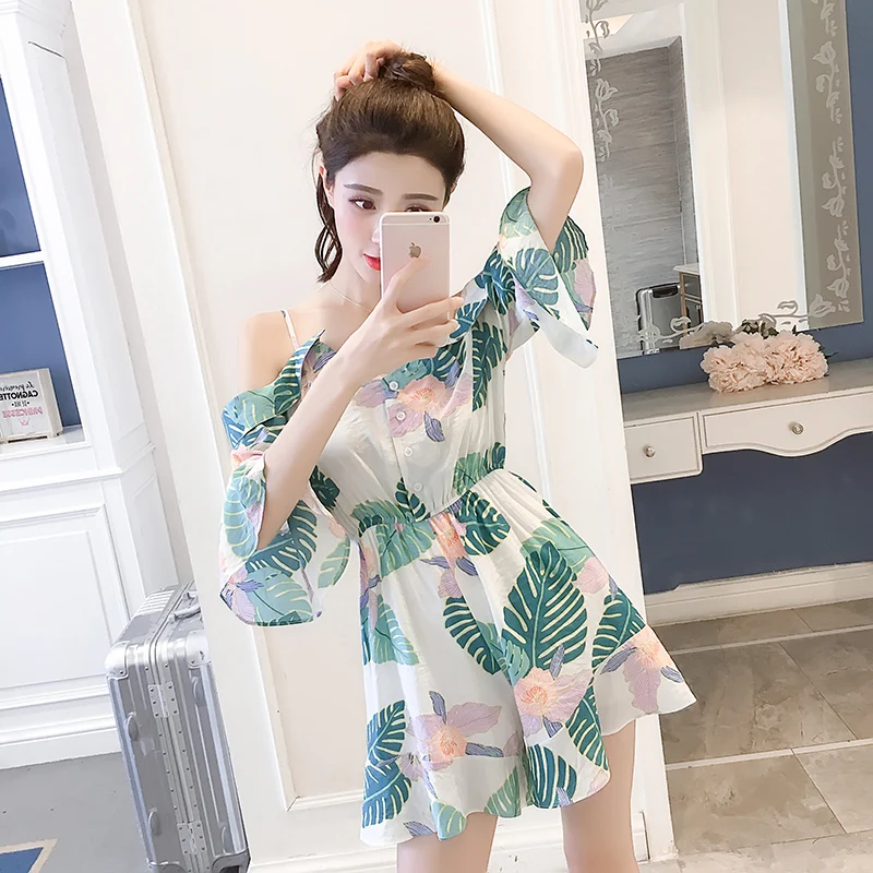 Корейский стиль летний женский комбинезон с цветочным принтом гофрированная